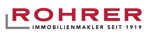Logo von Rohrer Immobilienmakler in roter Schrift auf schwarzem Hintergrund.