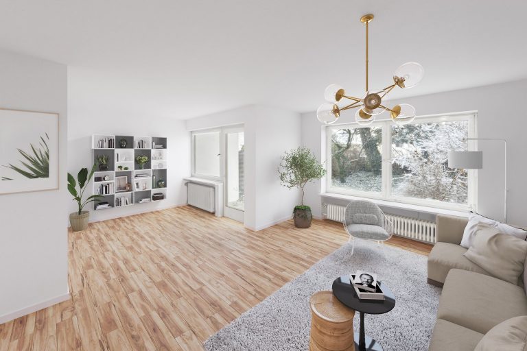 Modernes Wohnzimmer mit Holzfußboden, Sofa, Bücherregal und Pflanzen.