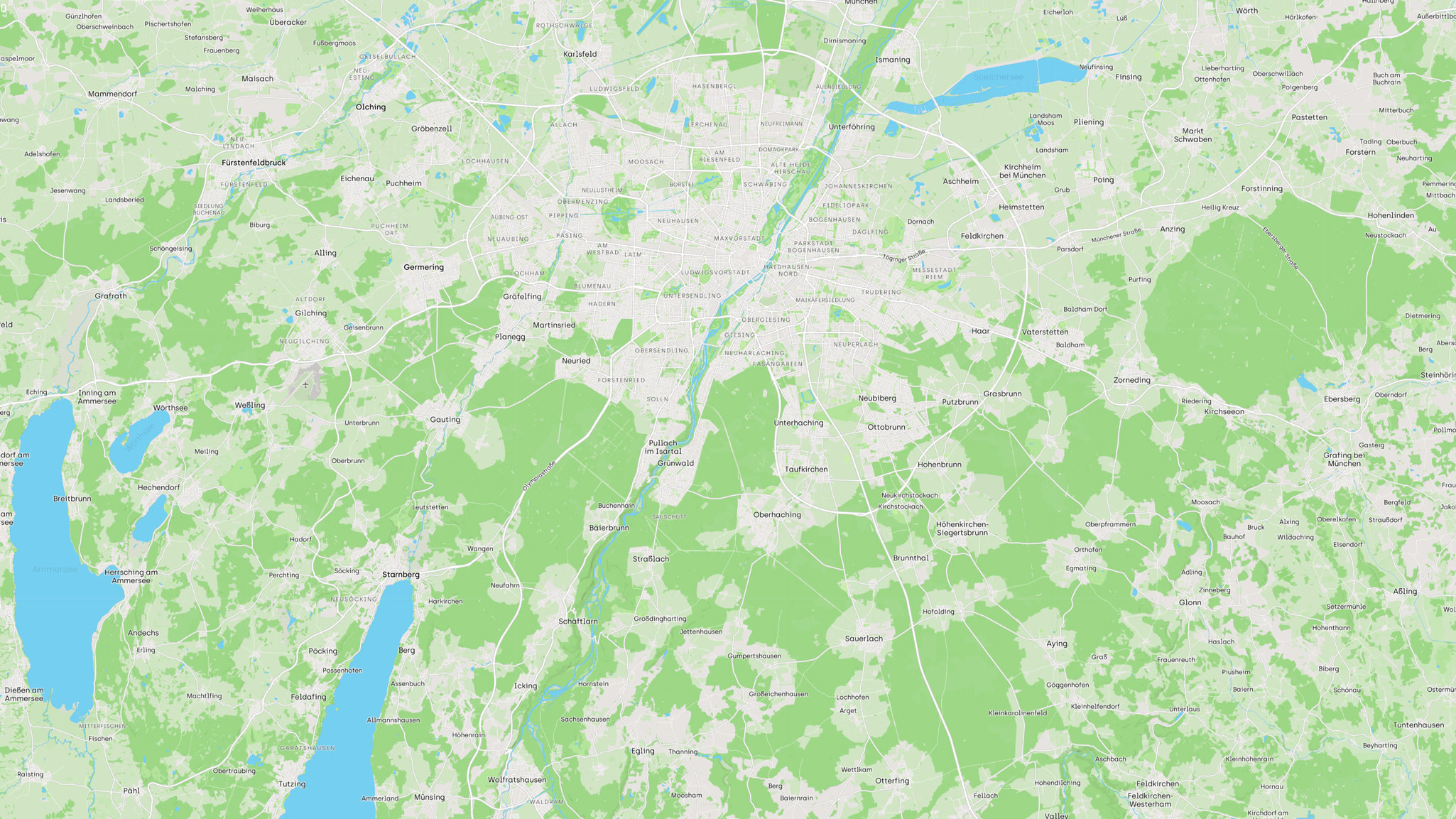 Detailreiche Karte von München mit Straßen, Gewässern und Grünflächen dargestellt.