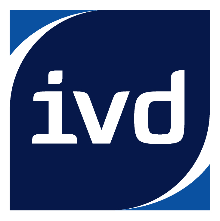 Logo des IVD mit blauen und weißen Elementen, das die Buchstaben 'ivd' in Großbuchstaben zeigt.
