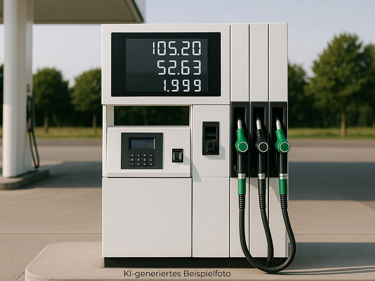 Moderne Zapfsäule mit digitalen Anzeigen für Preise und Mengen an einer Tankstelle.